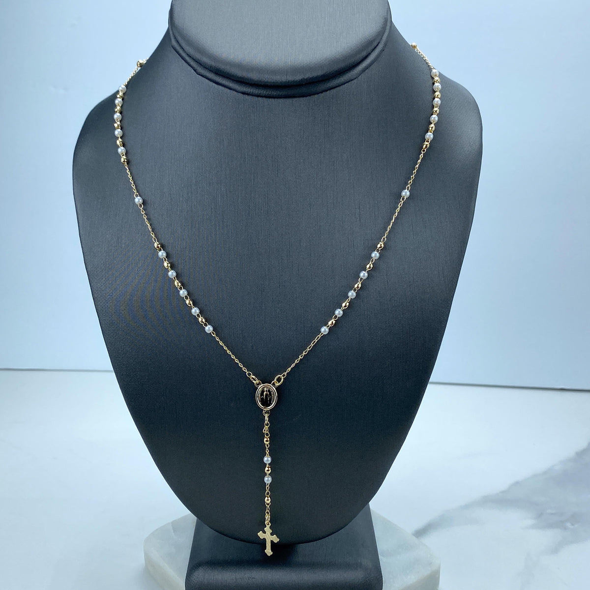 18k Gold Filled Simulated Pearls and Gold Beads Rosary with Miraculous Virgin Charm, Christian Catholic Rosary, Wholesale Jewelry