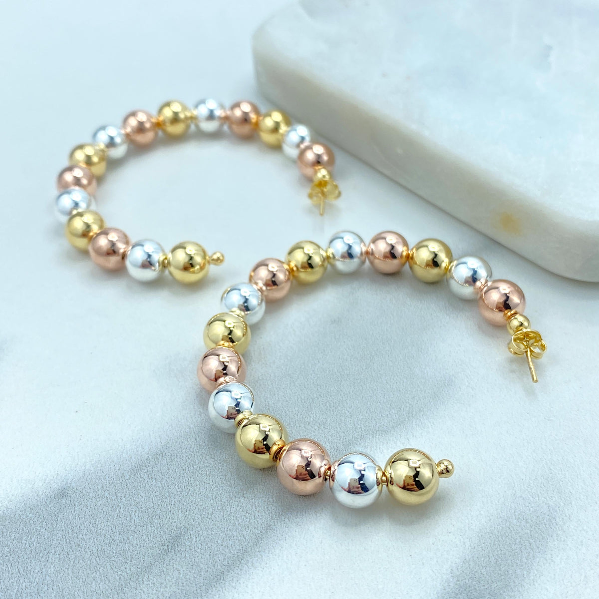 18k Gold Filled Tri-Tone Balls 55mm C- Hoop, Tricolor Gold Hoops, Classic Jewelry, Wholesale Jewelry