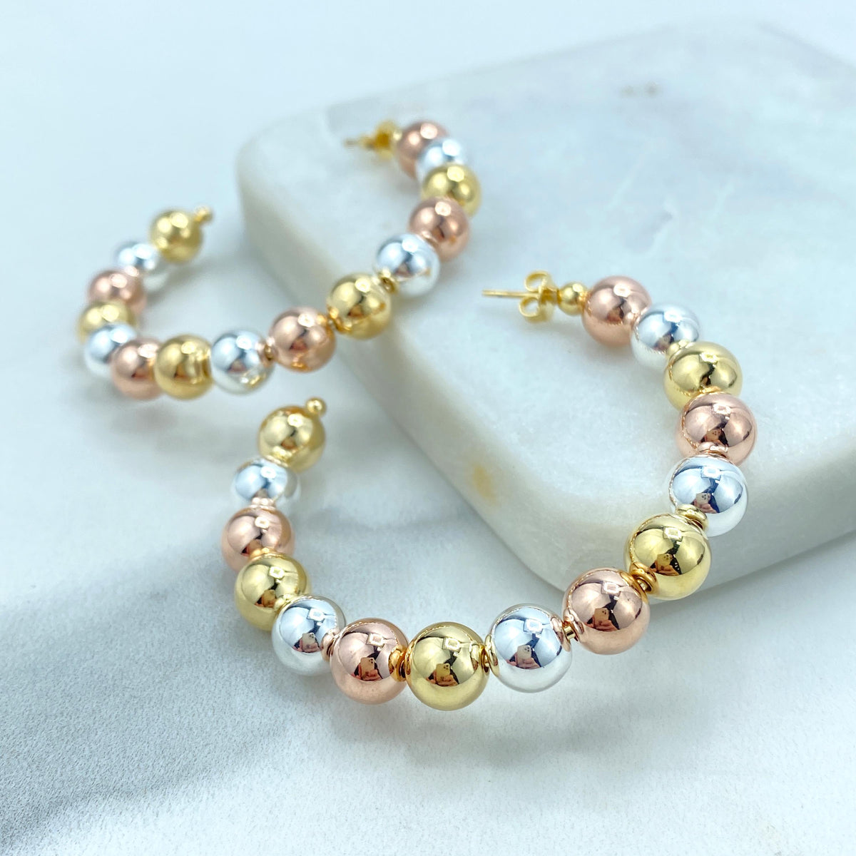 18k Gold Filled Tri-Tone Balls 55mm C- Hoop, Tricolor Gold Hoops, Classic Jewelry, Wholesale Jewelry