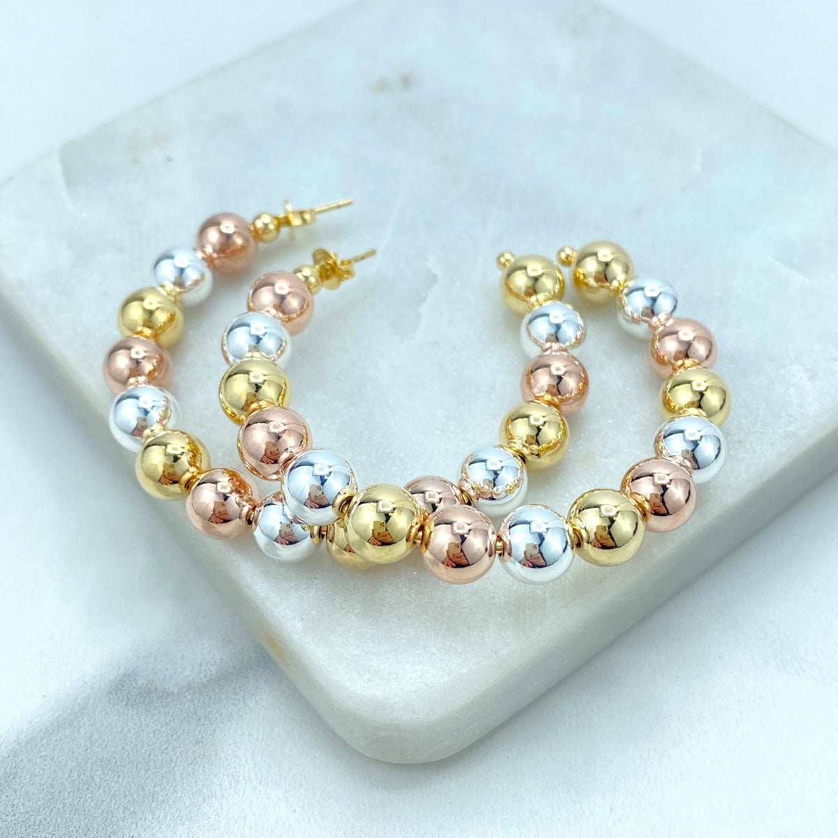 18k Gold Filled Tri-Tone Balls 55mm C- Hoop, Tricolor Gold Hoops, Classic Jewelry, Wholesale Jewelry