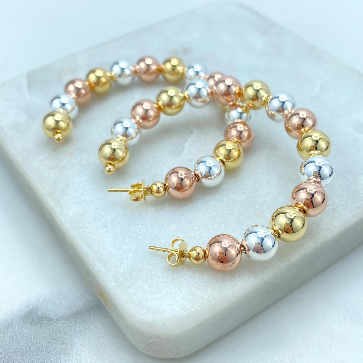 18k Gold Filled Tri-Tone Balls 55mm C- Hoop, Tricolor Gold Hoops, Classic Jewelry, Wholesale Jewelry