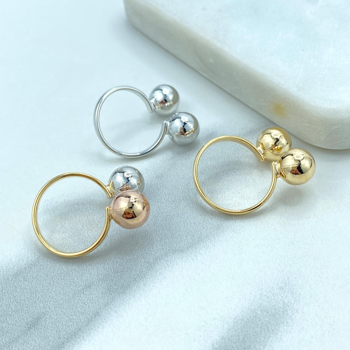 18k Gold Filled Adjustable Front Double Ball Ring, Gold, Silver or Three Tone, Adjustable Ball Ring, Wholesale Jewelry