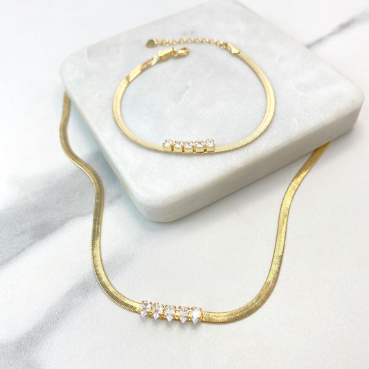 18k Gold Filled 3mm Herringbone Snake Chain with White Cubic Zirconia Details, Necklace or Bracelet with Extender, Wholesale Jewelry