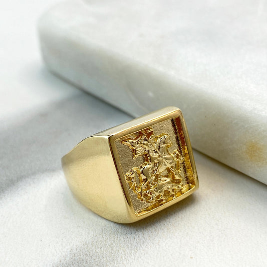 18k Gold Filled Saint George Slaying the Dragon Signet Ring, European Vintage Medieval, Men's Pinky Ring, Wholesale Jewelry