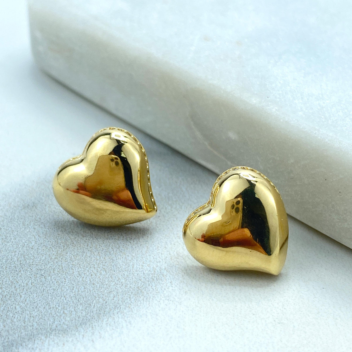 18k Gold Filled Polished Heart-Shaped Stud Earrings with a Micro Pave Cubic Zirconia Contour, Heart Earrings, Wholesale Jewelry