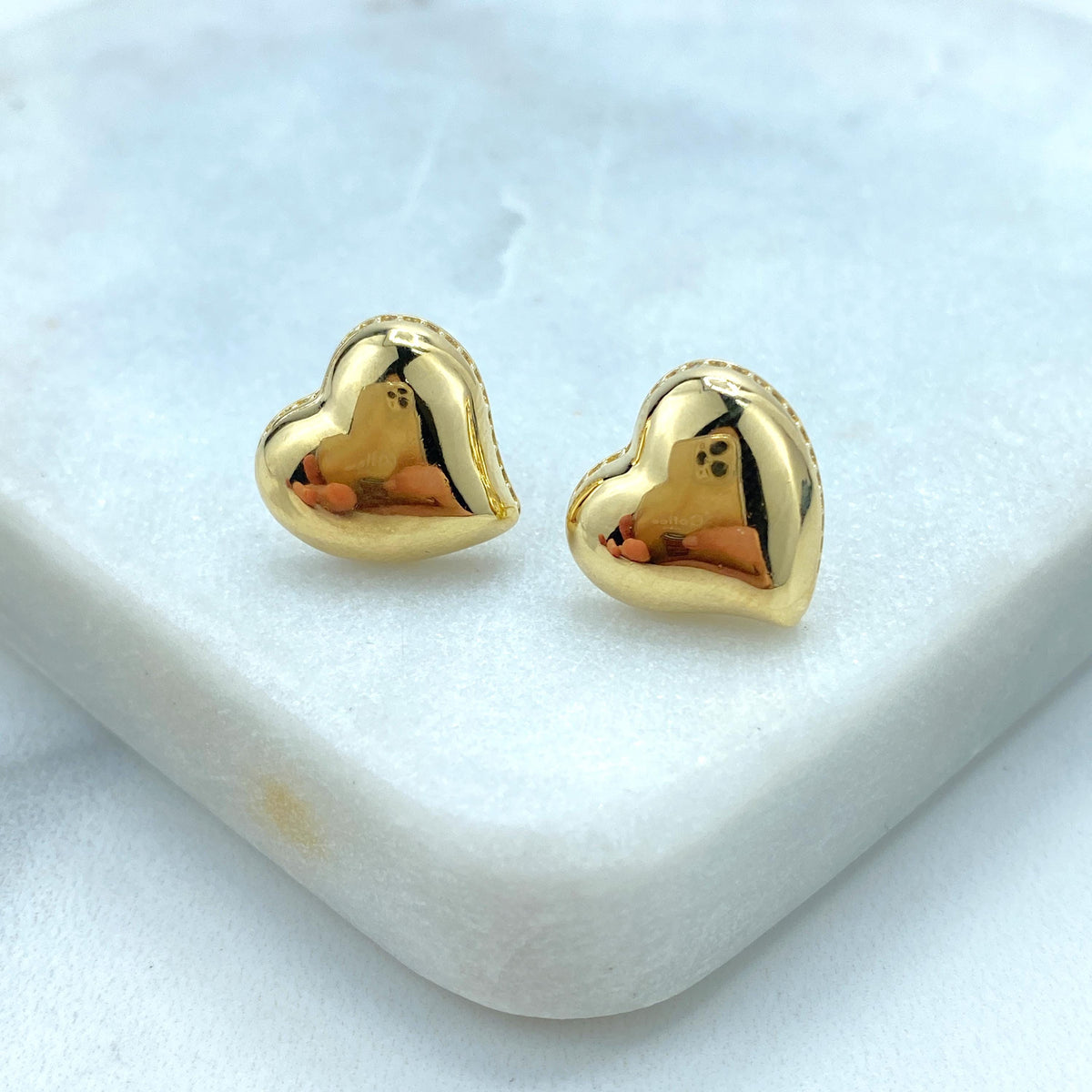 18k Gold Filled Polished Heart-Shaped Stud Earrings with a Micro Pave Cubic Zirconia Contour, Heart Earrings, Wholesale Jewelry