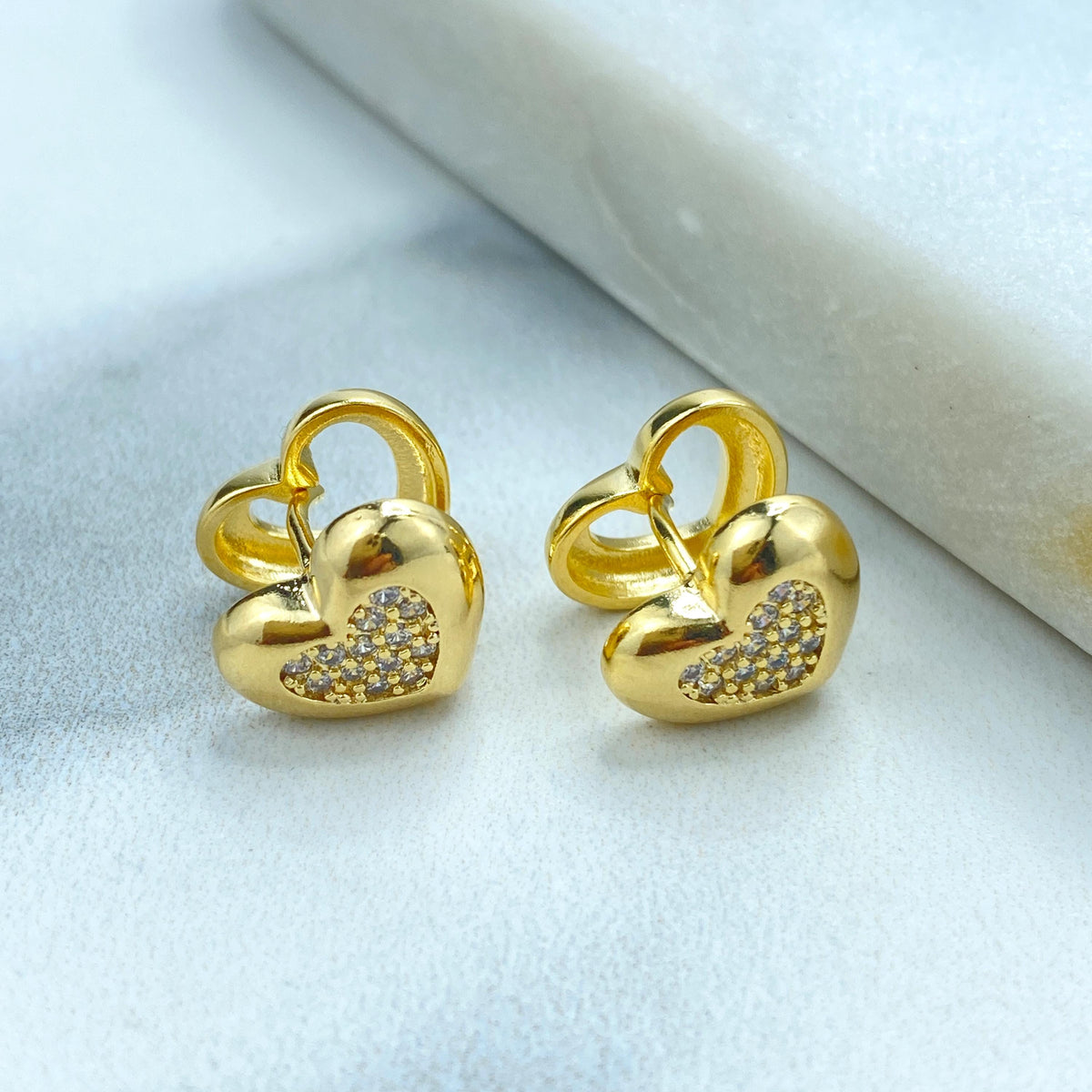 18k Gold Filled Petite Heart-Shaped Earrings featuring Front Micro-Pavé Cubic Zirconia and Cutout Back, Heart Earrings, Wholesale Jewelry