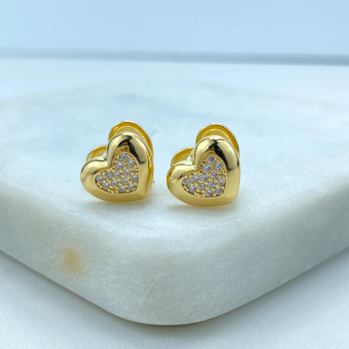 18k Gold Filled Petite Heart-Shaped Earrings featuring Front Micro-Pavé Cubic Zirconia and Cutout Back, Heart Earrings, Wholesale Jewelry