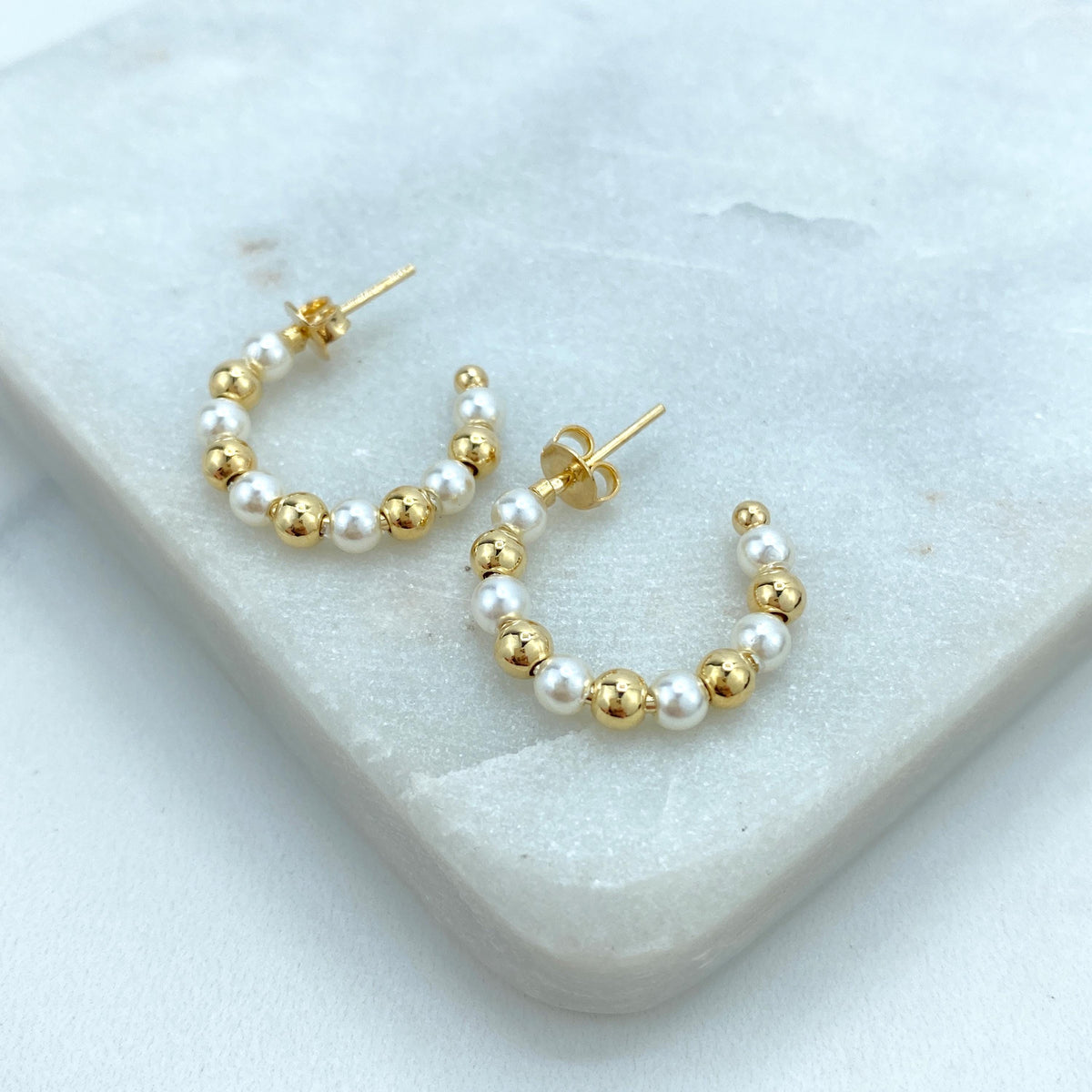 18k Gold Filled 6mm Thickness, Open Pearl Beaded Hoop, Gold Beads and Simulated Pearl C-Hoop, 34mm Beaded Hoop, Wholesale Jewelry
