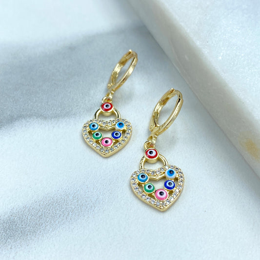 18k Gold Filled Huggie Earrings with Dangle Heart-Shaped Charm featuring Colorful Evil Eyes, for Luck and Protection, Wholesale Jewelry