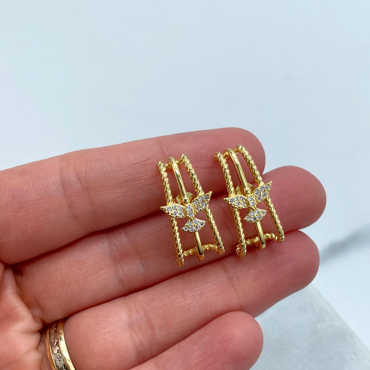 18k Gold Field Twisted Lines with Dove featuring Micro Cubic Zirconia Earrings, Bird Stud Earrings, Trendy Jewelry, Wholesale Jewelry
