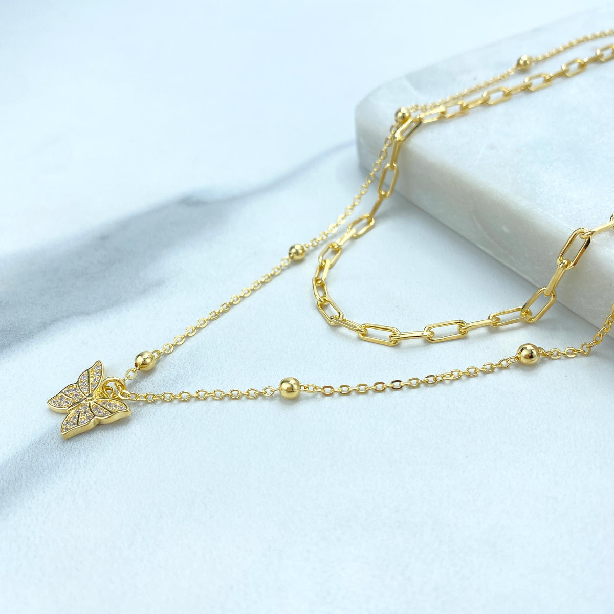 18K Gold Filled Double Necklace with Butterfly Charm featuring Micro Pave Cubic Zirconia, Paperclip 16" Satellit Chain 18" Wholesale Jewelry