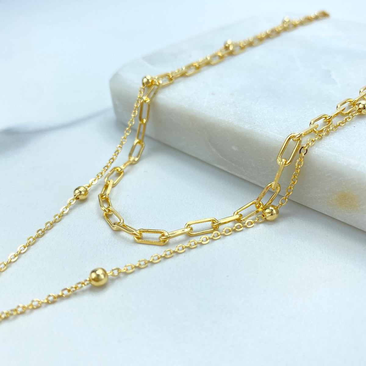 18K Gold Filled Double Necklace with Butterfly Charm featuring Micro Pave Cubic Zirconia, Paperclip 16" Satellit Chain 18" Wholesale Jewelry
