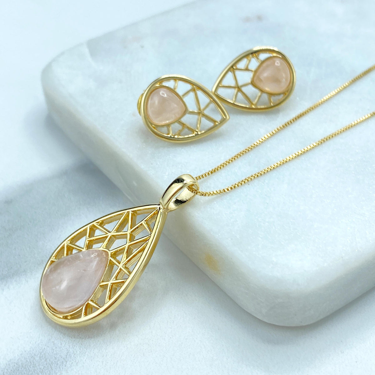 18k Gold Filled Filigree Teardrop-Shaped Earrings and Necklace Pendant Set, featuring Handcrafted Natural Rose Quartz, Wholesale Jewelry