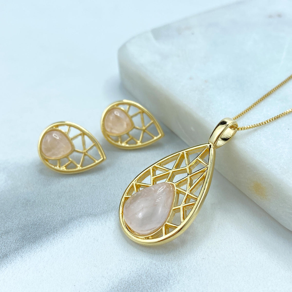 18k Gold Filled Filigree Teardrop-Shaped Earrings and Necklace Pendant Set, featuring Handcrafted Natural Rose Quartz, Wholesale Jewelry