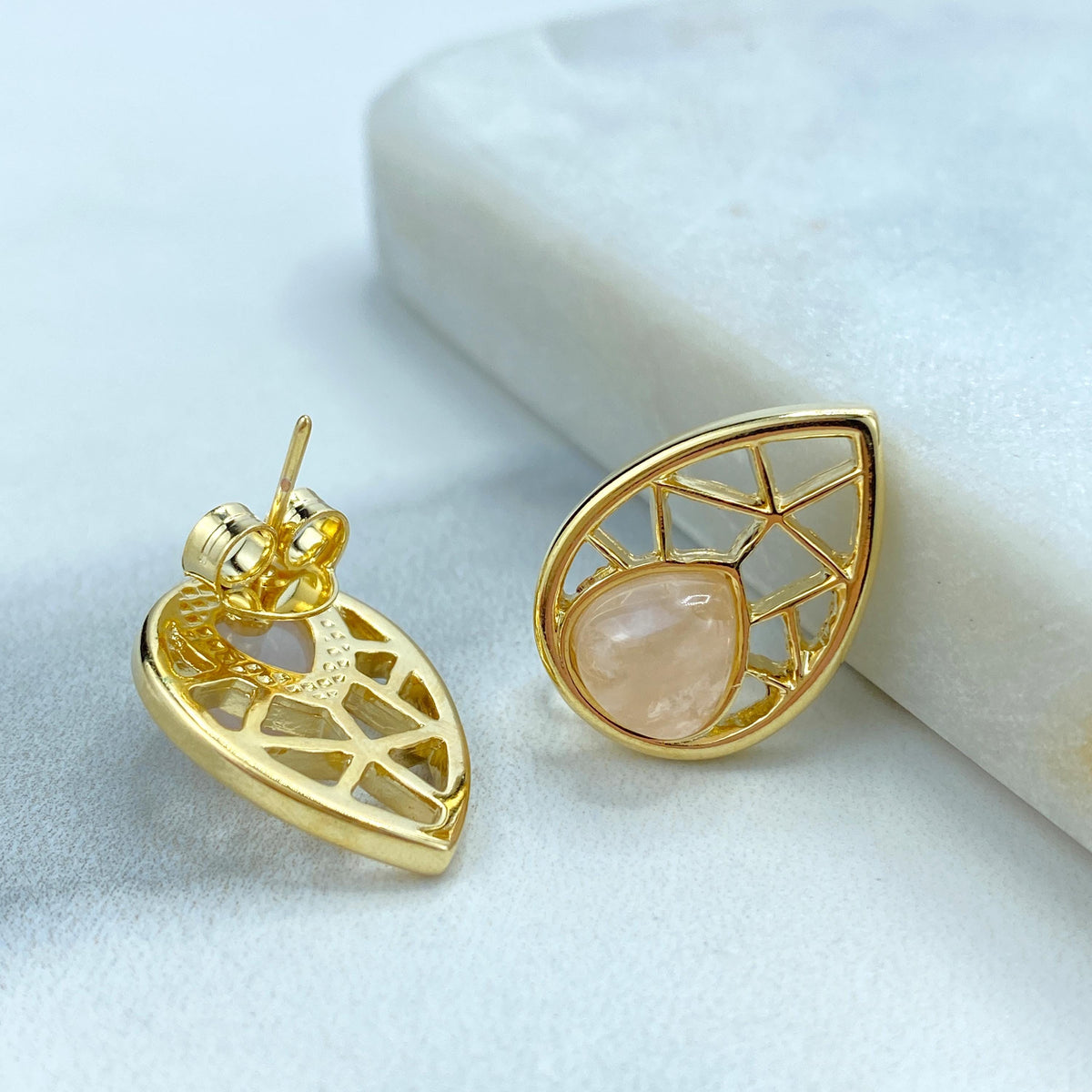 18k Gold Filled Filigree Teardrop-Shaped Earrings and Necklace Pendant Set, featuring Handcrafted Natural Rose Quartz, Wholesale Jewelry