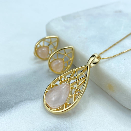 18k Gold Filled Filigree Teardrop-Shaped Earrings and Necklace Pendant Set, featuring Handcrafted Natural Rose Quartz, Wholesale Jewelry
