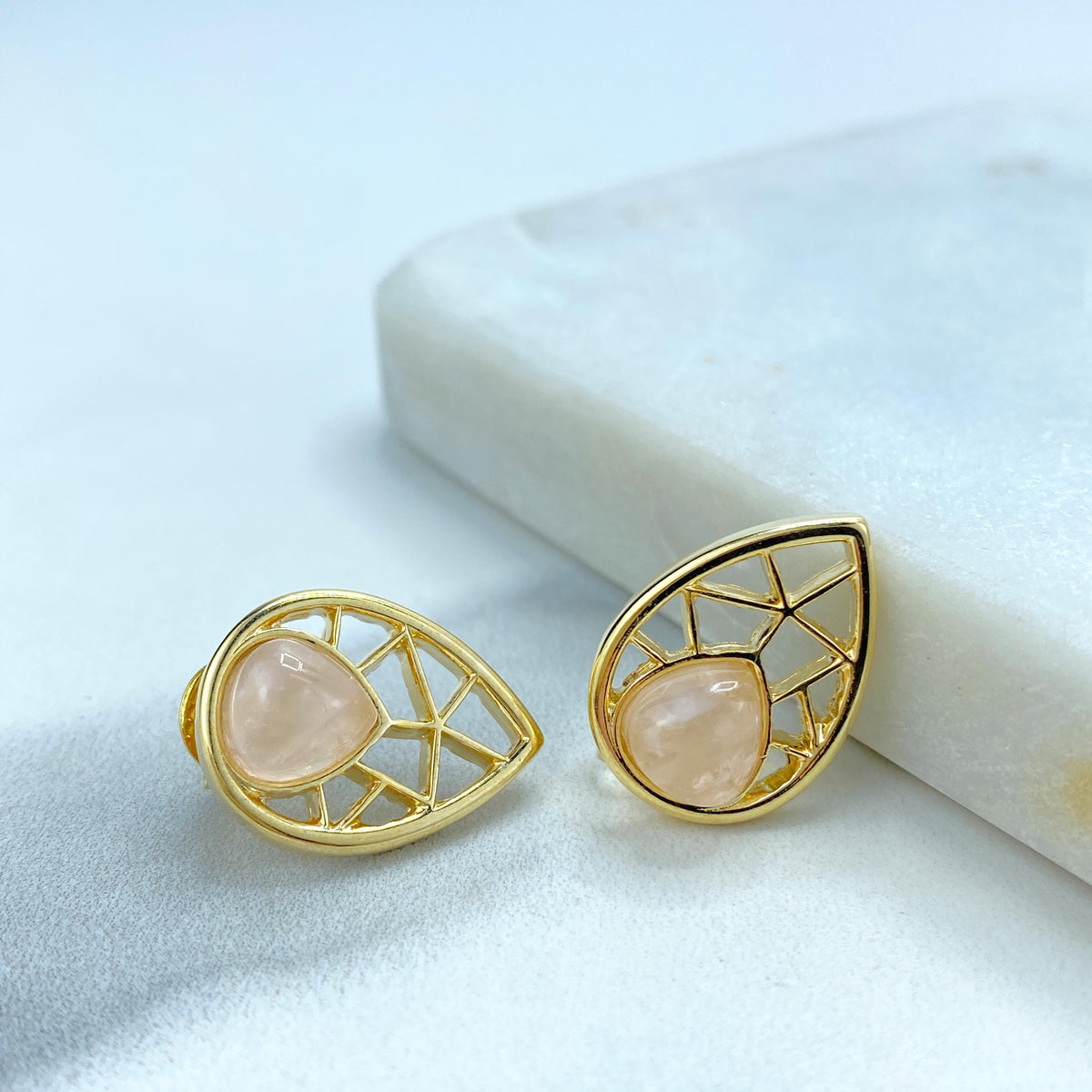 18k Gold Filled Filigree Teardrop-Shaped Earrings and Necklace Pendant Set, featuring Handcrafted Natural Rose Quartz, Wholesale Jewelry