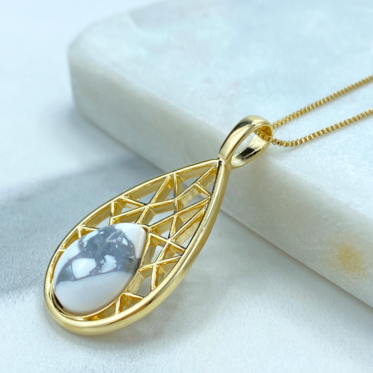 18k Gold Filled Filigree Teardrop-Shaped Earrings and Necklace Pendant Set, featuring Handcrafted Natural White Howlite, Wholesale Jewelry