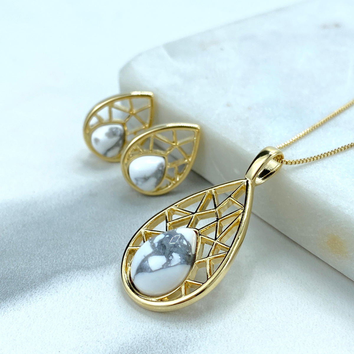 18k Gold Filled Filigree Teardrop-Shaped Earrings and Necklace Pendant Set, featuring Handcrafted Natural White Howlite, Wholesale Jewelry