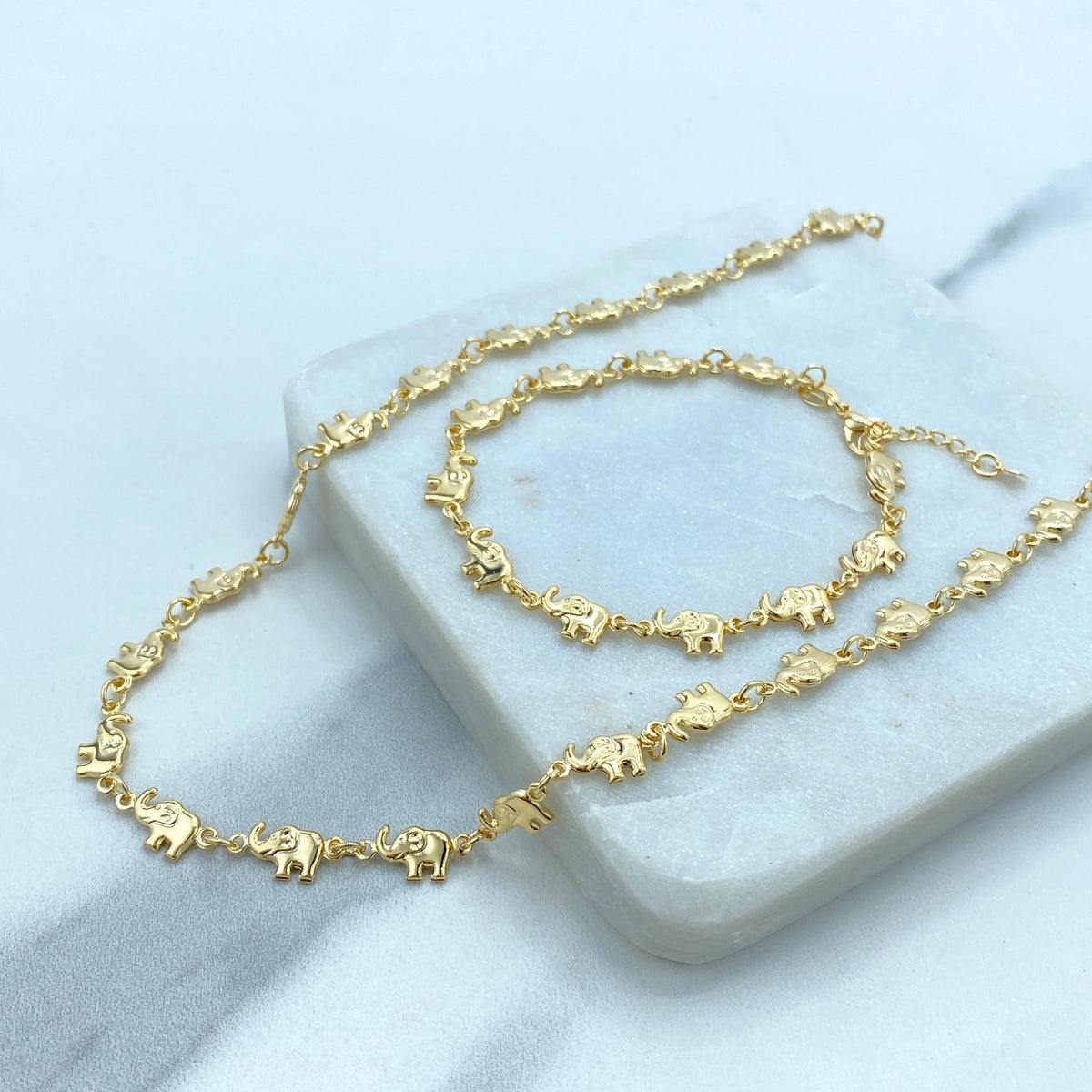 18k Gold Filled 3D Puffed Elephants Linked Chain or Bracelet, Hollow & Lightweight Link Chain, Sold as a Set or Separately,Wholesale Jewelry