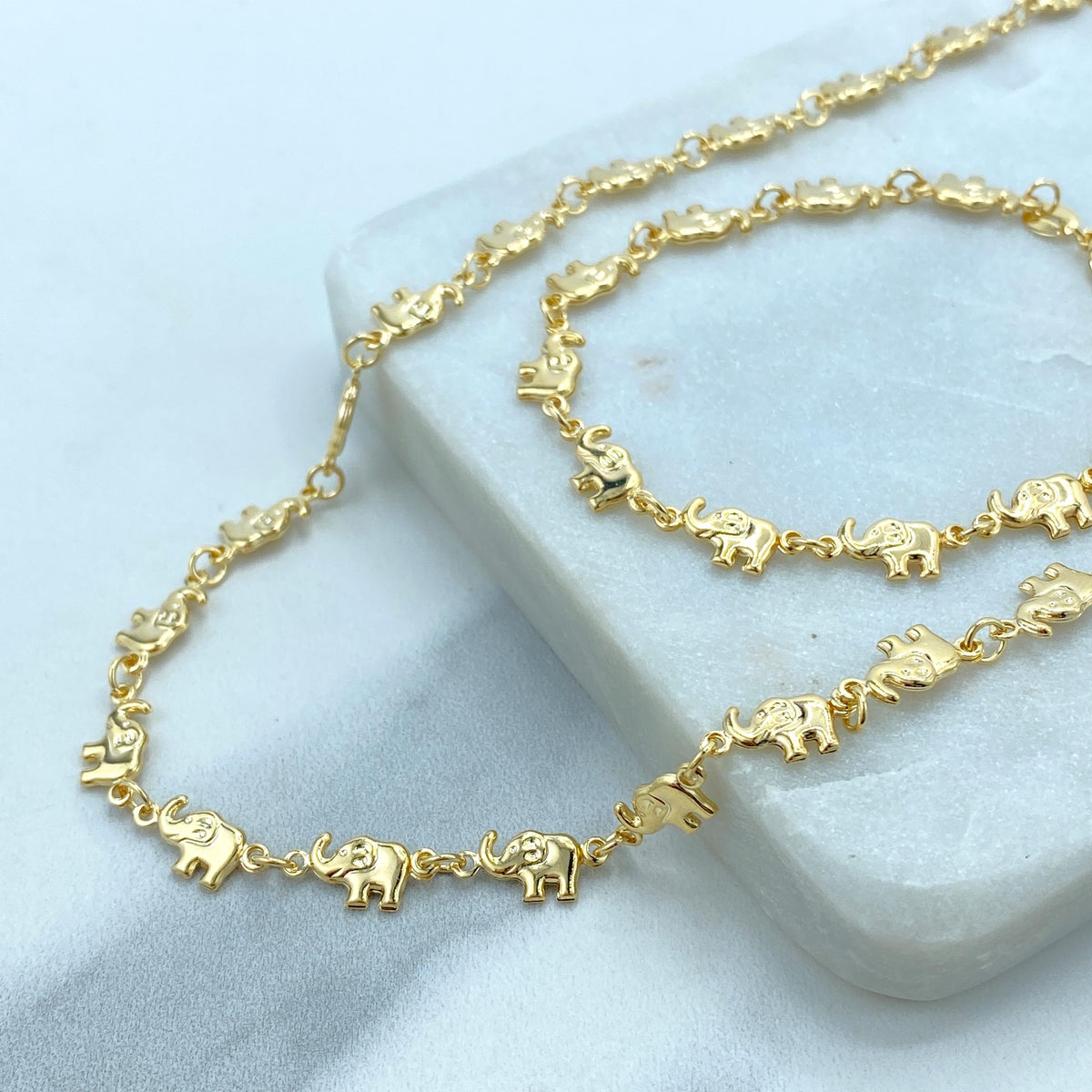 18k Gold Filled 3D Puffed Elephants Linked Chain or Bracelet, Hollow & Lightweight Link Chain, Sold as a Set or Separately,Wholesale Jewelry