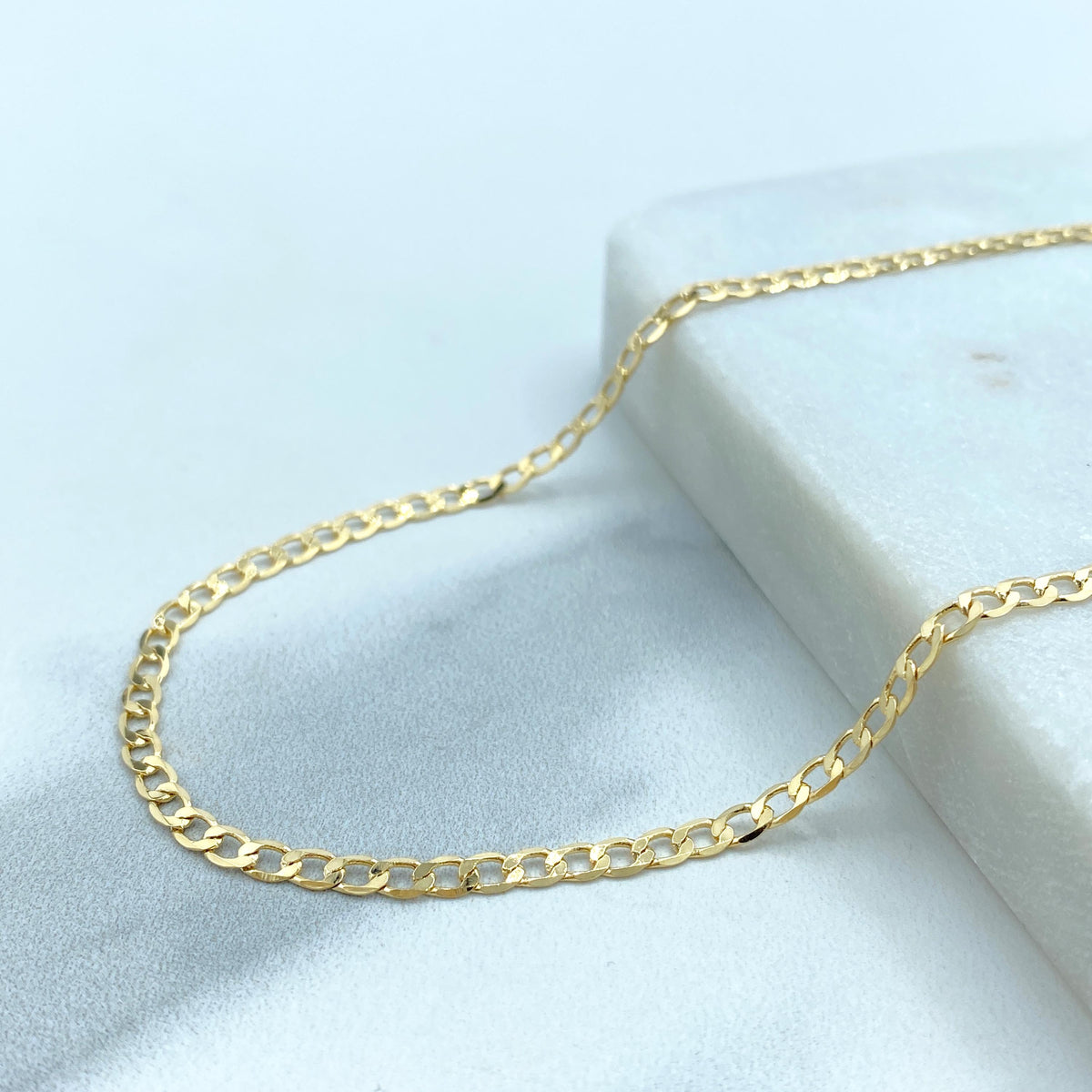 18k Gold Filled 3mm Flat Curb Link Chain, Polished 3mm Cuban Link Chain, 23.5 Inches Long, Lobster Claw, Wholesale Jewelry Making Supplies
