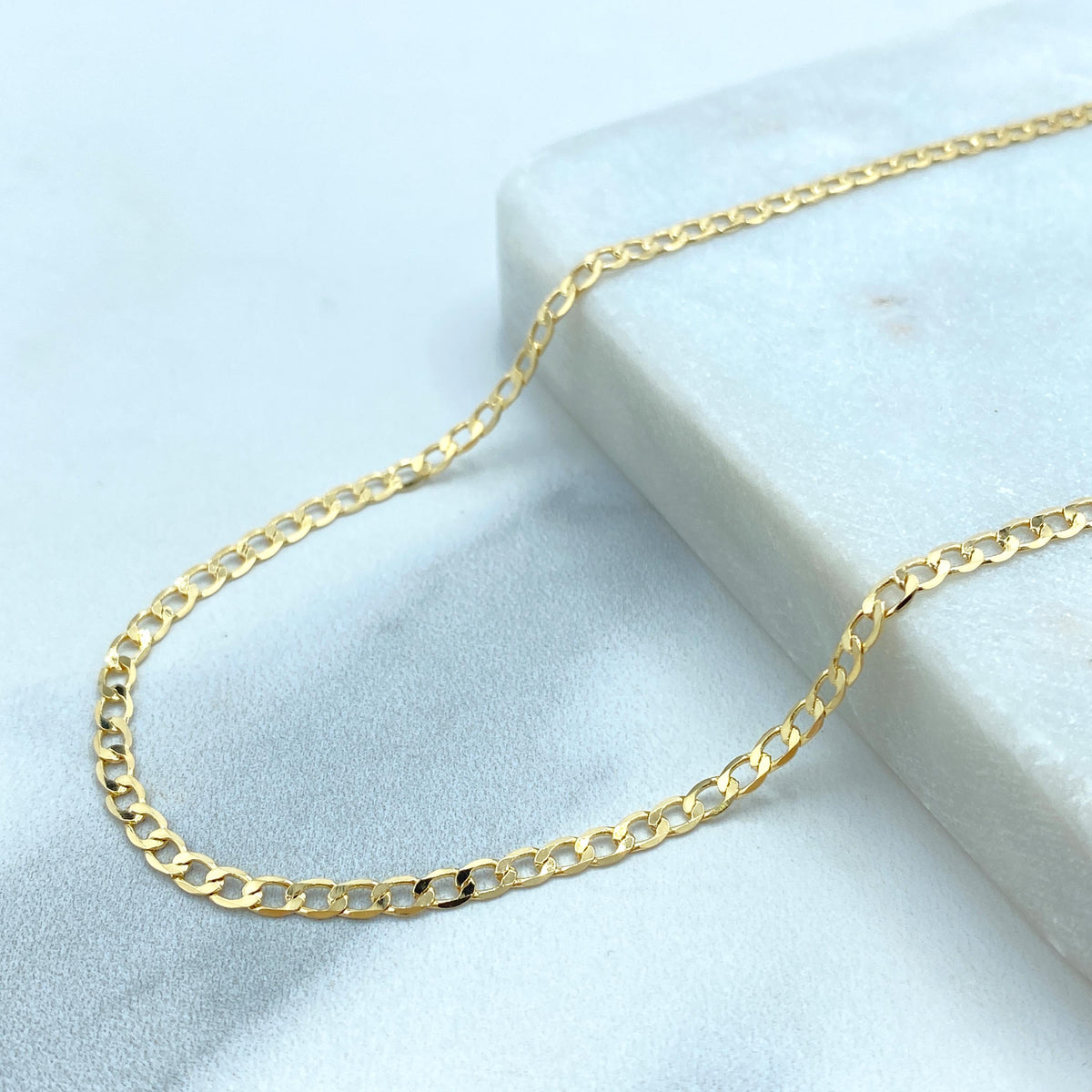 18k Gold Filled 3mm Flat Curb Link Chain, Polished 3mm Cuban Link Chain, 23.5 Inches Long, Lobster Claw, Wholesale Jewelry Making Supplies