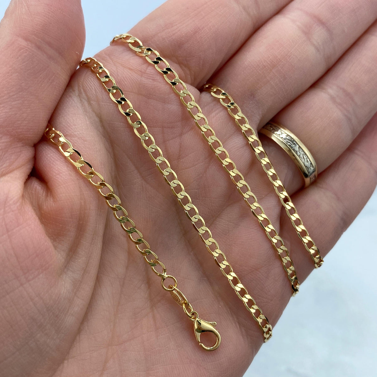 18k Gold Filled 3mm Flat Curb Link Chain, Polished 3mm Cuban Link Chain, 23.5 Inches Long, Lobster Claw, Wholesale Jewelry Making Supplies