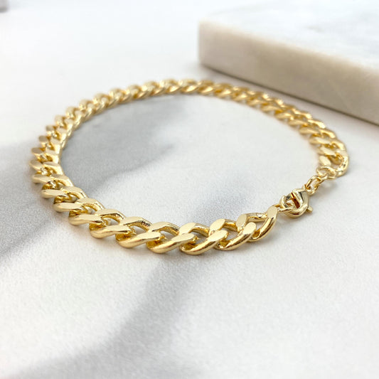 18k Gold Filled 7mm Flat & Polished Curb Link Chain Bracelet, Cuban Link Chain Bracelet, 7 Inches Long, Lobster Claw, Wholesale Jewelry