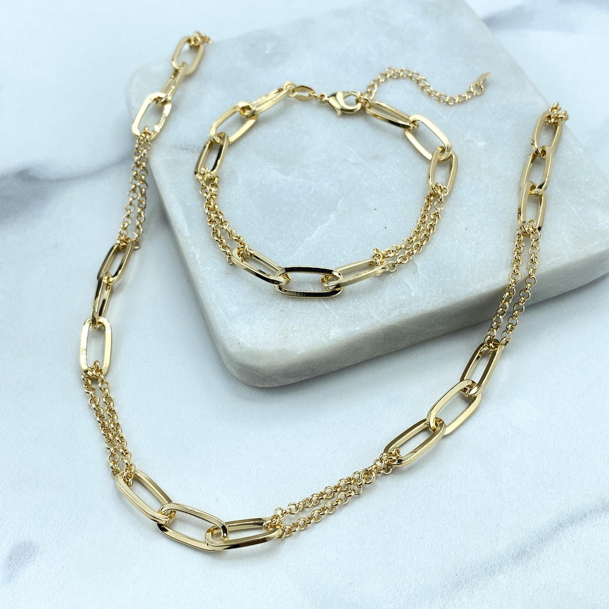 18k Gold Filled 7mm Paperclip Chain and Double Rolo Chain Linked Necklace or Bracelet with Extender, Specialty Chain, Wholesale Jewelry
