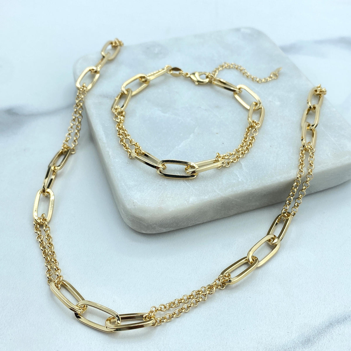 18k Gold Filled 7mm Paperclip Chain and Double Rolo Chain Linked Necklace or Bracelet with Extender, Specialty Chain, Wholesale Jewelry