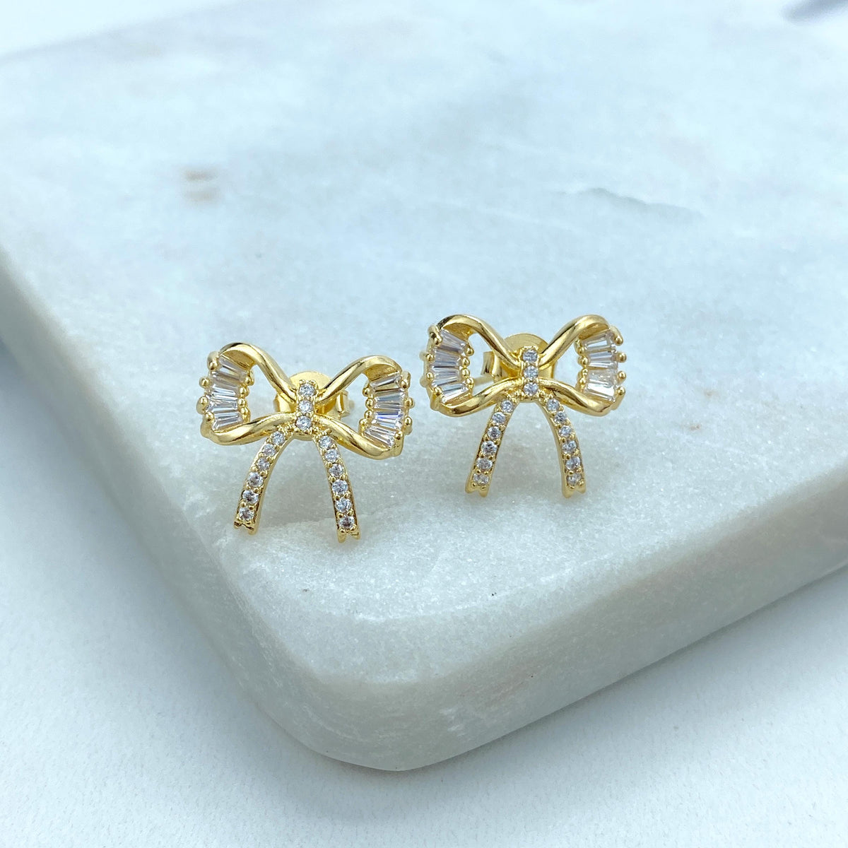 18k Gold Filled 16mm Petite Ribbon Bow Stud Earrings featuring Micro Pave, Cubic Zirconia, Cutout Bow Stud Earrings, Wholesale Jewelry