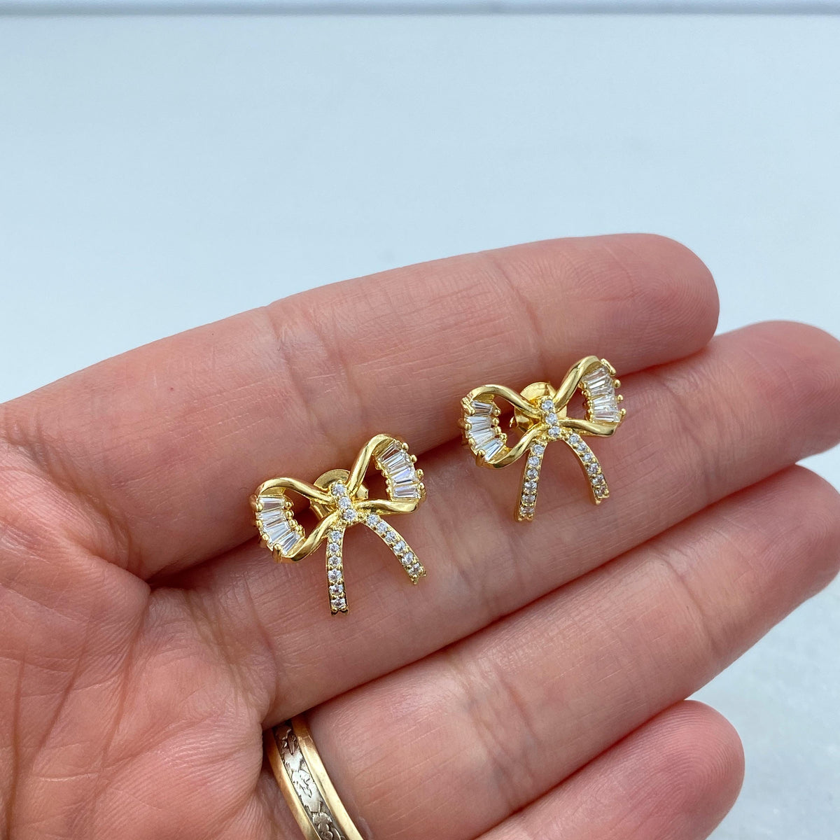 18k Gold Filled 16mm Petite Ribbon Bow Stud Earrings featuring Micro Pave, Cubic Zirconia, Cutout Bow Stud Earrings, Wholesale Jewelry