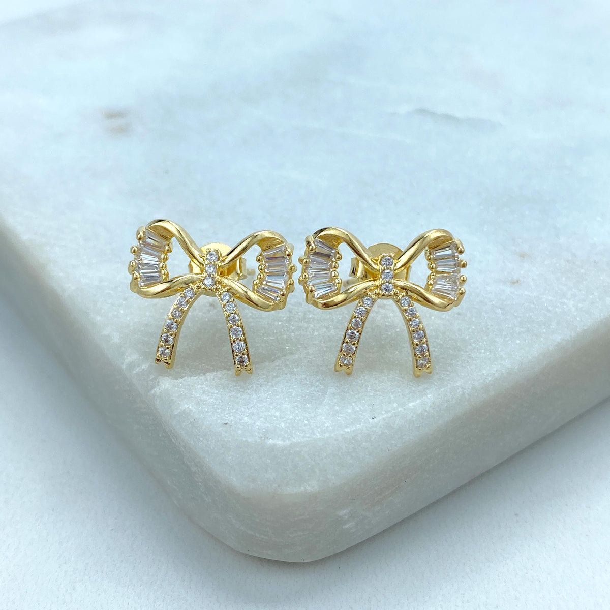 18k Gold Filled 16mm Petite Ribbon Bow Stud Earrings featuring Micro Pave, Cubic Zirconia, Cutout Bow Stud Earrings, Wholesale Jewelry