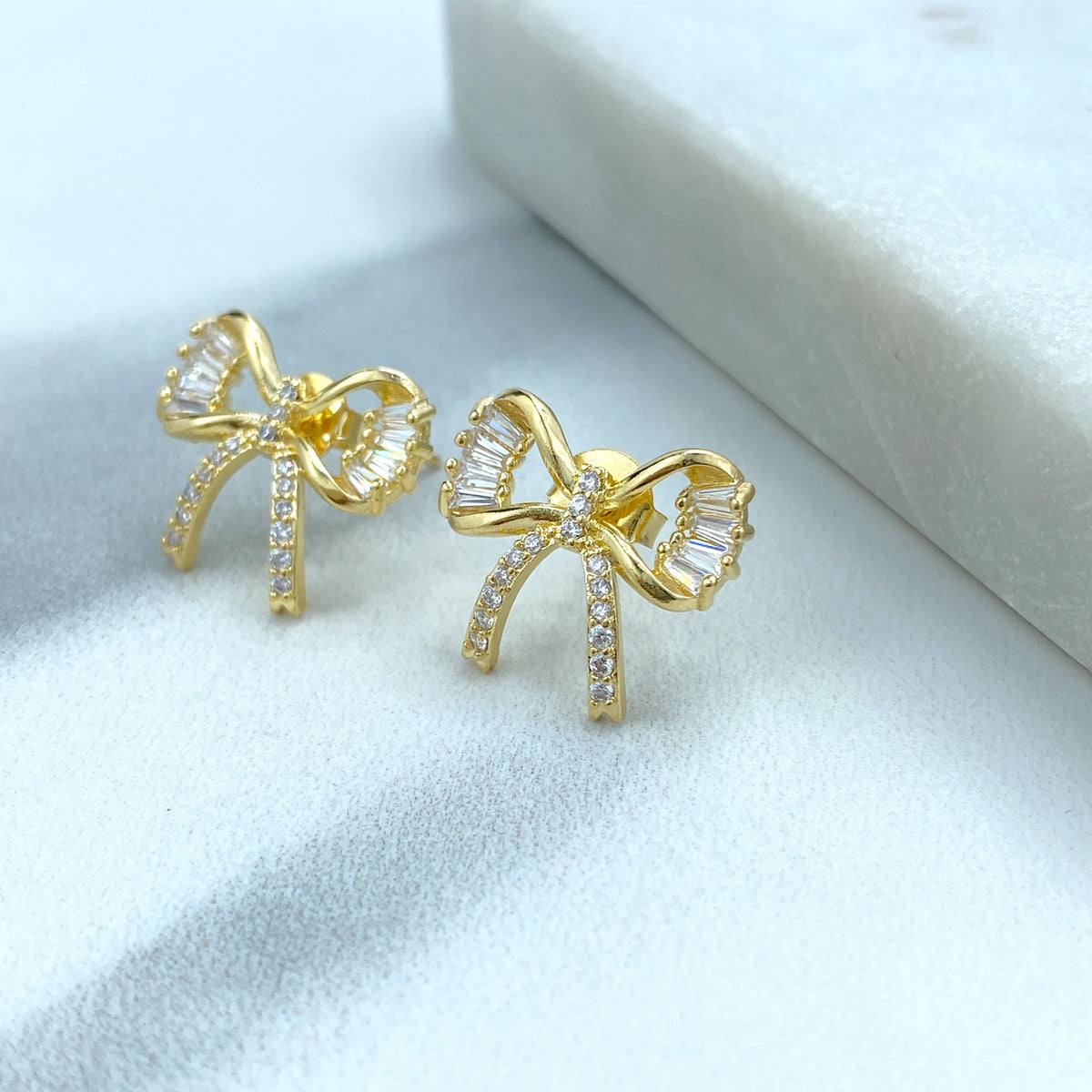 18k Gold Filled 16mm Petite Ribbon Bow Stud Earrings featuring Micro Pave, Cubic Zirconia, Cutout Bow Stud Earrings, Wholesale Jewelry