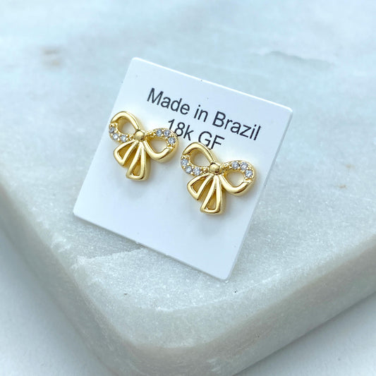 18k Gold Filled 12mm or 10mm Petite Ribbon Bow Stud Earrings featuring Micro Pave, Cutout Bow with Cubic Zirconia Stud, Wholesale Jewelry