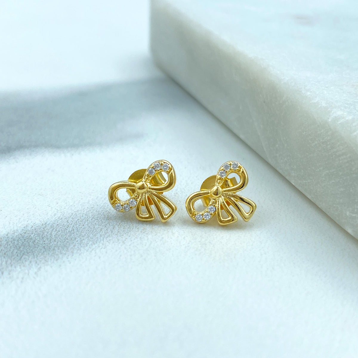 18k Gold Filled 12mm or 10mm Petite Ribbon Bow Stud Earrings featuring Micro Pave, Cutout Bow with Cubic Zirconia Stud, Wholesale Jewelry