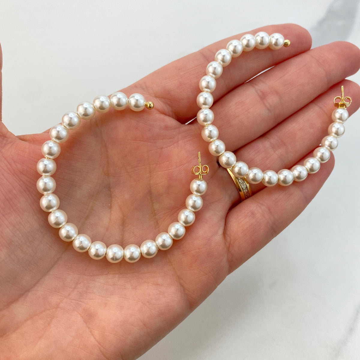 18k Gold Filled Open Pearl Beaded Hoop, Simulated Pearl C-Hoop, 23mm, 34mm or 55mm Beaded Hoop Earrings, Wholesale Jewelry