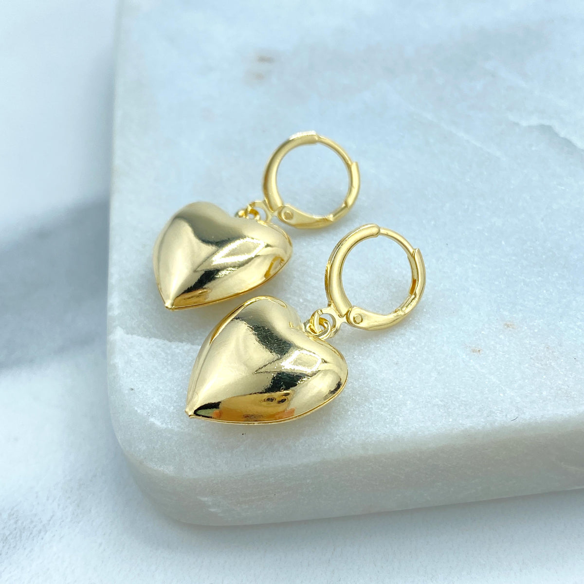 18k Gold Filled 3D Puffed Dangle Heart Charm Huggie Earrings, Small or Medium Size, Hollow and Lightweight Earrings, Wholesale Jewelry