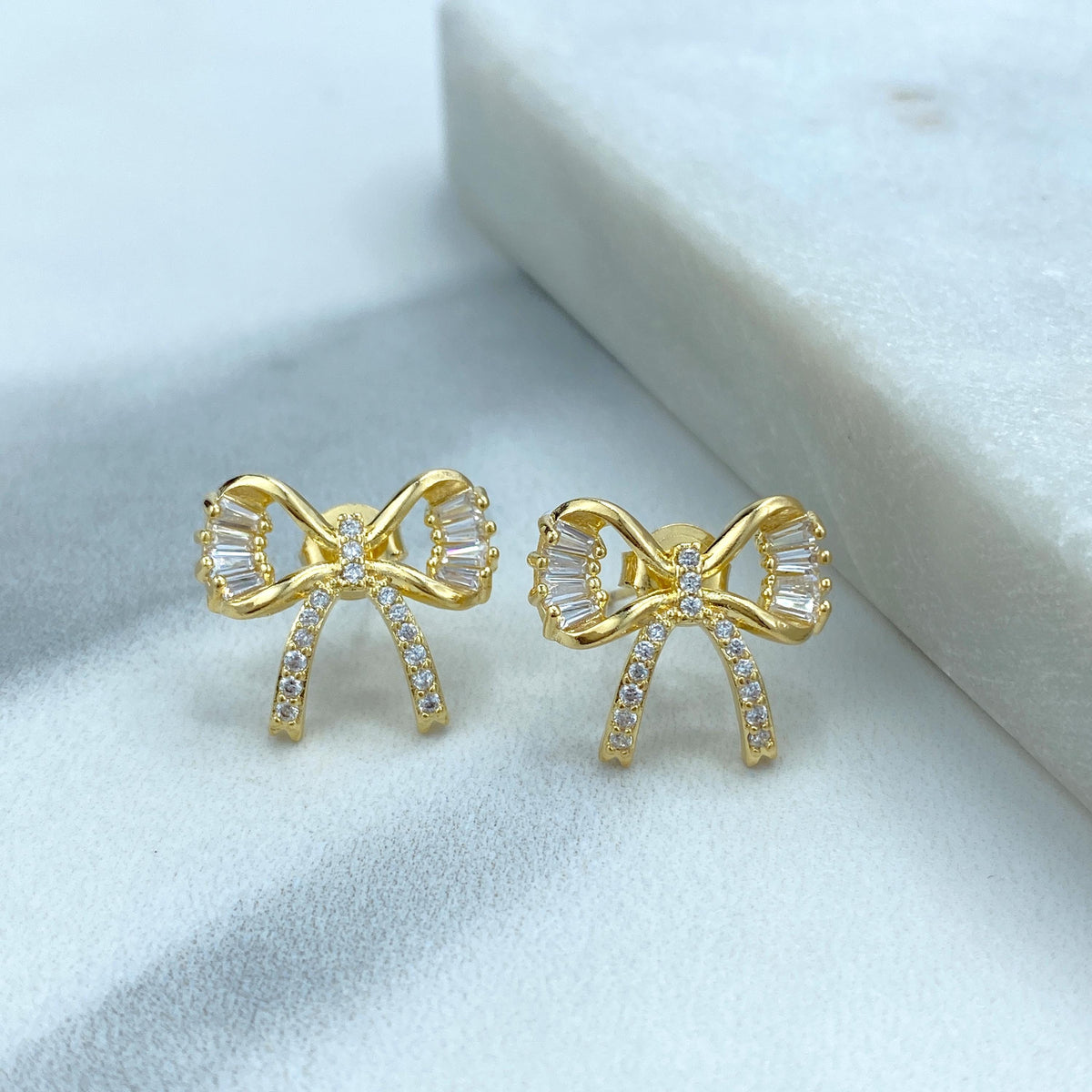 18k Gold Filled 16mm Petite Ribbon Bow Stud Earrings featuring Micro Pave, Cubic Zirconia, Cutout Bow Stud Earrings, Wholesale Jewelry