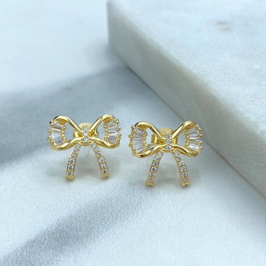 18k Gold Filled 16mm Petite Ribbon Bow Stud Earrings featuring Micro Pave, Cubic Zirconia, Cutout Bow Stud Earrings, Wholesale Jewelry