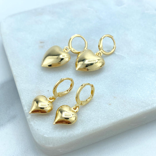 18k Gold Filled 3D Puffed Dangle Heart Charm Huggie Earrings, Small or Medium Size, Hollow and Lightweight Earrings, Wholesale Jewelry