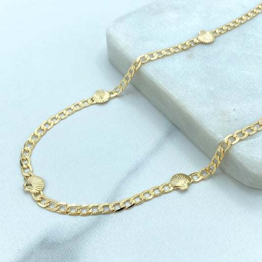 18k Gold Filled 4mm Diamond Cut Style Curb Link Chain with Seashells, 18 Inches Long, Cuban Link Chain Necklace, Wholesale Jewelry