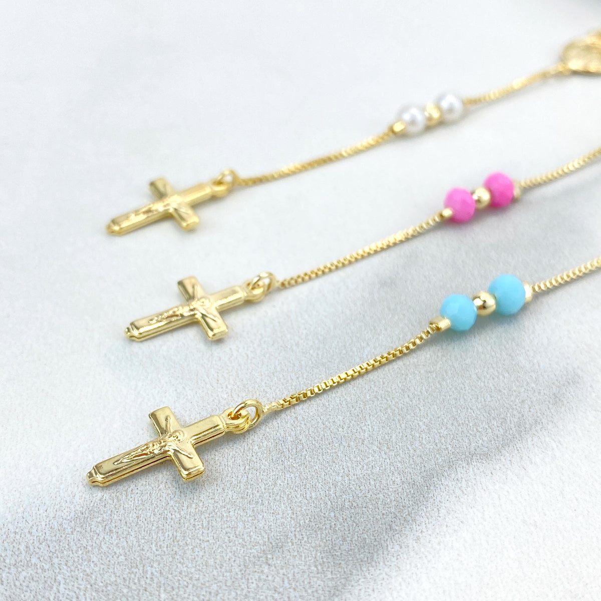 18k Gold Filled Pastel Colored Beads Rosary with Miraculous Virgin Charm, Christian Catholic Rosary, Pink, Blue, or Pearl, Wholesale Jewelry