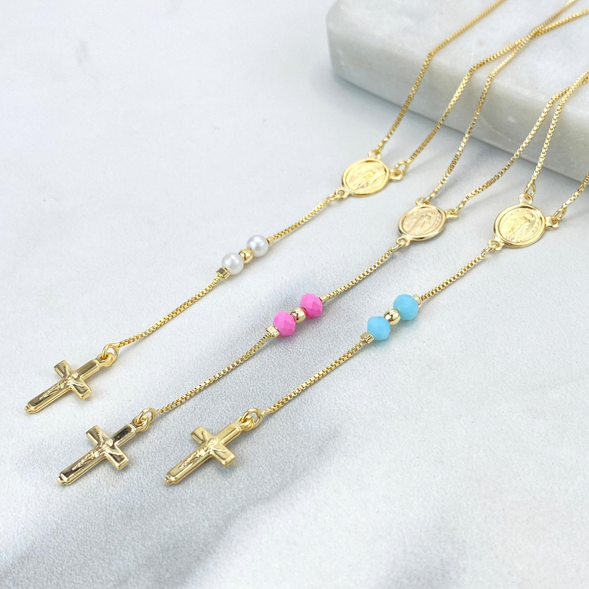 18k Gold Filled Pastel Colored Beads Rosary with Miraculous Virgin Charm, Christian Catholic Rosary, Pink, Blue, or Pearl, Wholesale Jewelry
