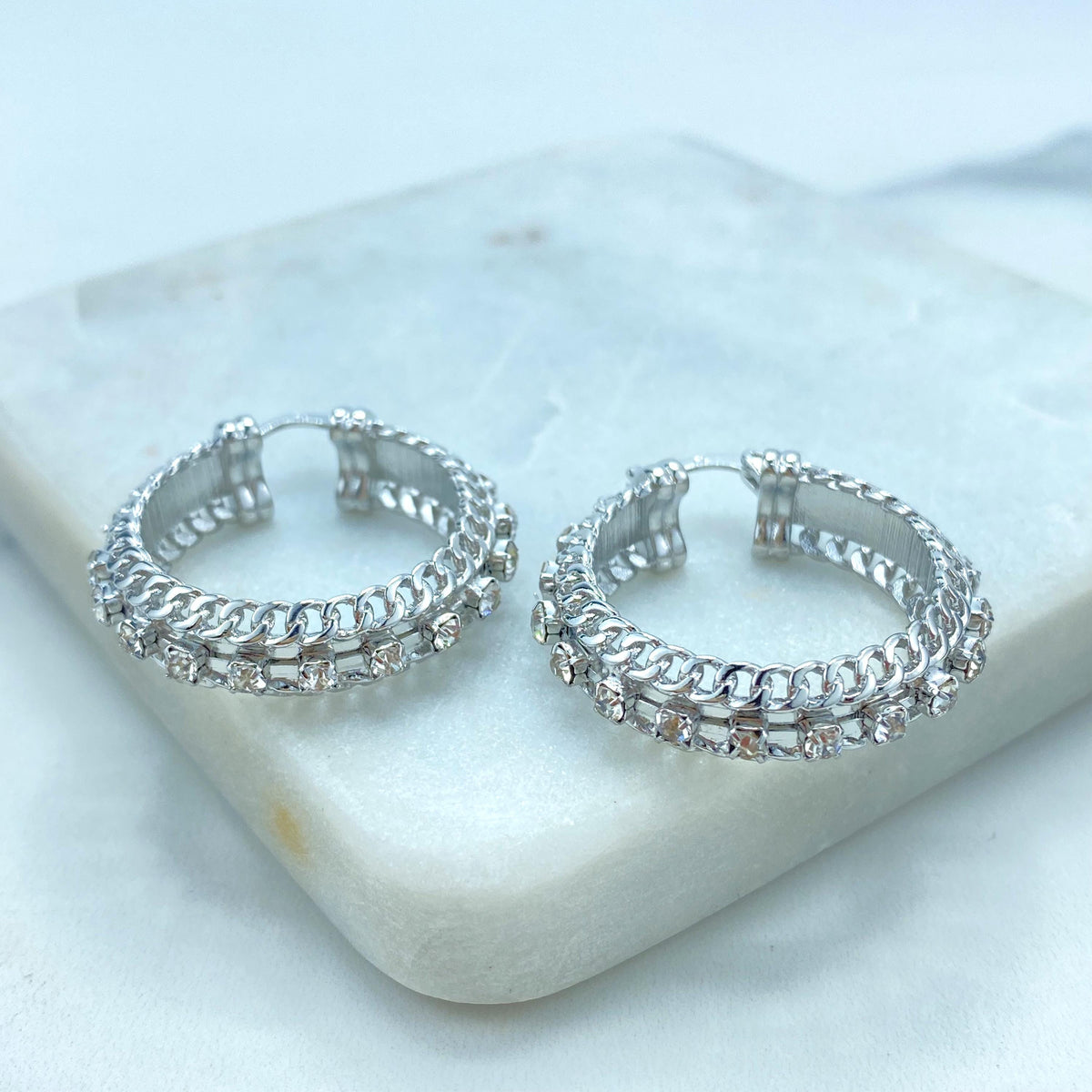 Silver Filled Hoop Earrings featuring Cubic Zirconia and Curb Link Chain Design, 35mm Hoop Earrings, Wholesale Jewelry