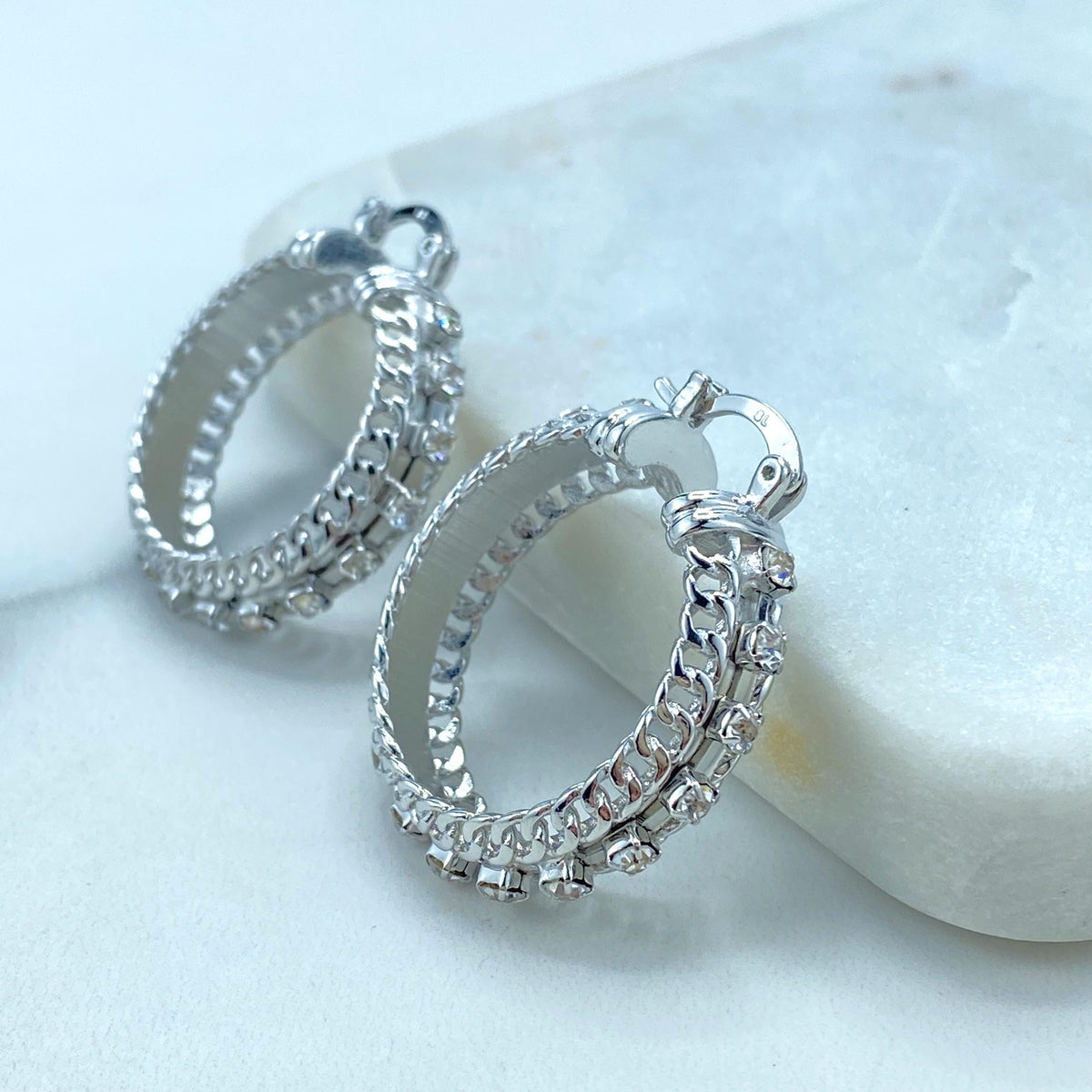 Silver Filled Hoop Earrings featuring Cubic Zirconia and Curb Link Chain Design, 35mm Hoop Earrings, Wholesale Jewelry
