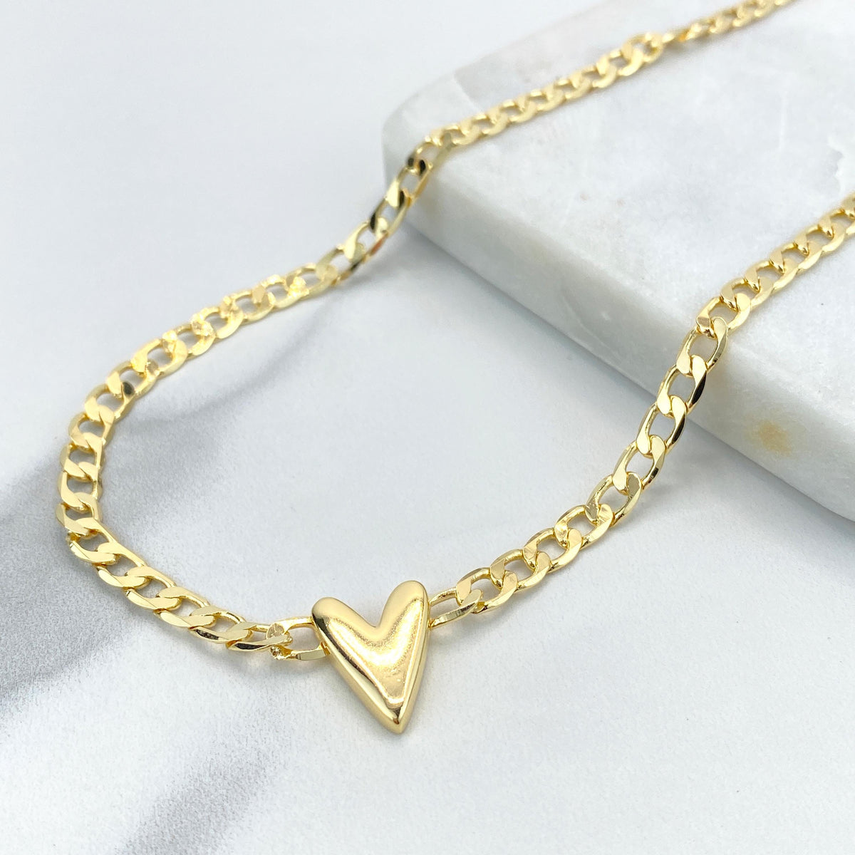 18k Gold Filled 5mm Flat Curb Link Chain Necklace with V-Heart Charm on Center, 18 Inches + Extender, Wholesale Jewelry