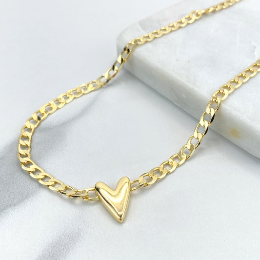 18k Gold Filled 5mm Flat Curb Link Chain Necklace with V-Heart Charm on Center, 18 Inches + Extender, Wholesale Jewelry